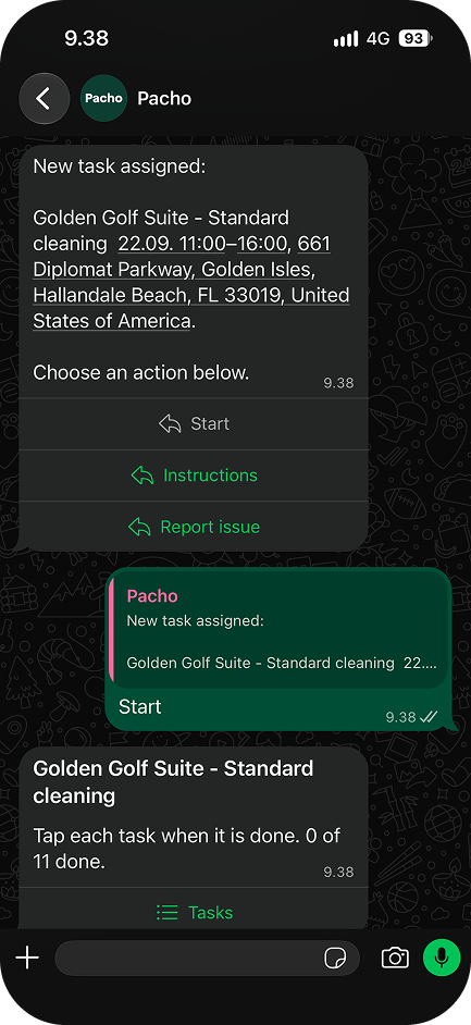 Una tarea de limpieza enviada a un limpiador en WhatsApp — la asignación, las respuestas rápidas Empezar, Instrucciones y Reportar incidencia, el limpiador tocando Empezar y el checklist de la tarea.